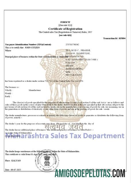 Certificado realista de registro de contribuinte da Índia Maharashtra modelo Word e PDF